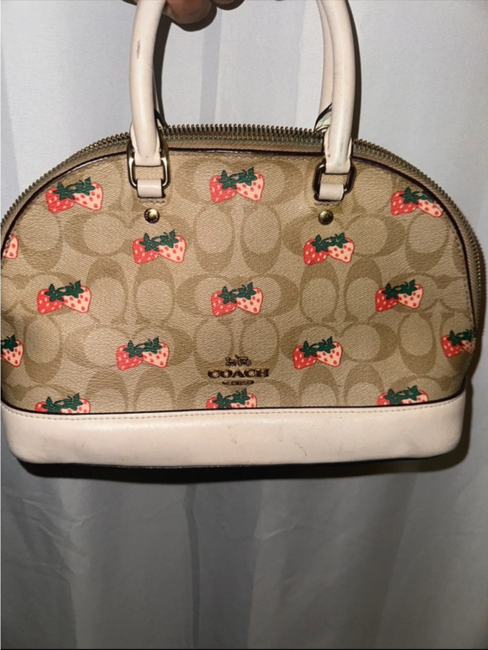 Coach Signature Canvas Dome Satchel with Strawberry Print - Beige and Pink